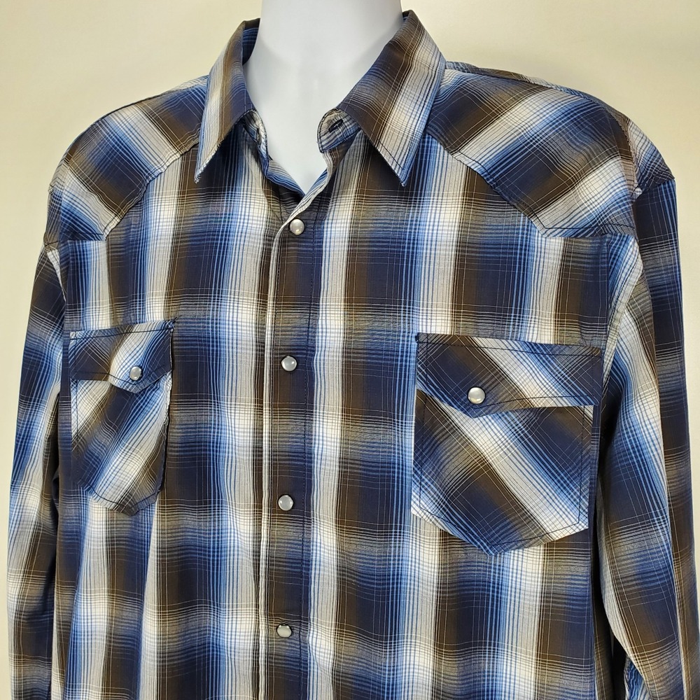 Men's GC Blue Vintage‎ Collection 2XL Blue Plaid Western Cowboy Shirt Pearl Snap